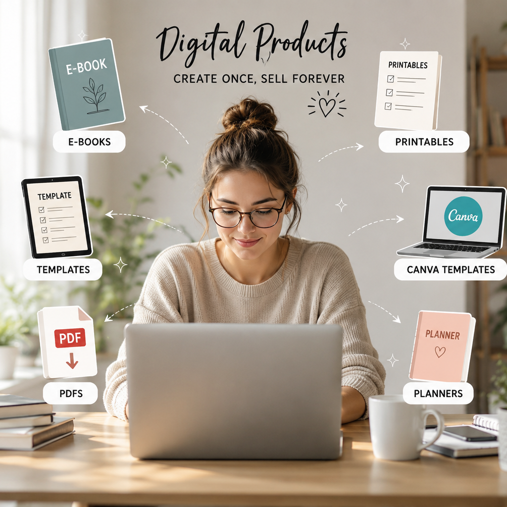 Remote worker selling digital products from home office