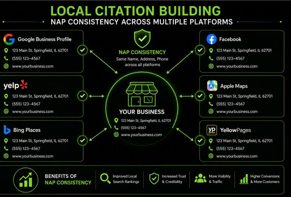 Local citation building infographic showing NAP consistency across Google Business Profile, Facebook, Yelp, Apple Maps, Bing Places, and Yellow Pages for off page SEO services