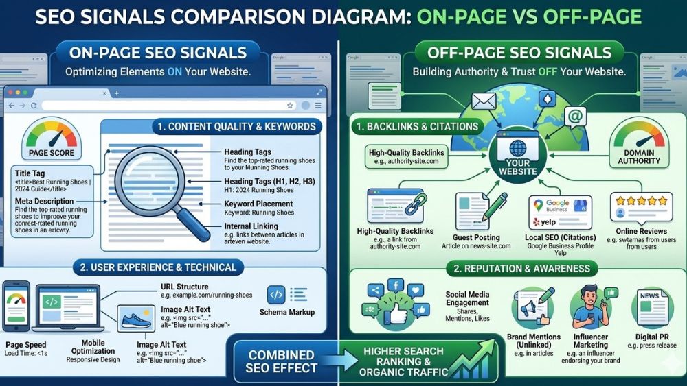 On-page vs off page SEO services comparison diagram showing SEO signals including backlinks, citations, guest posting, domain authority, and digital PR for higher search rankings