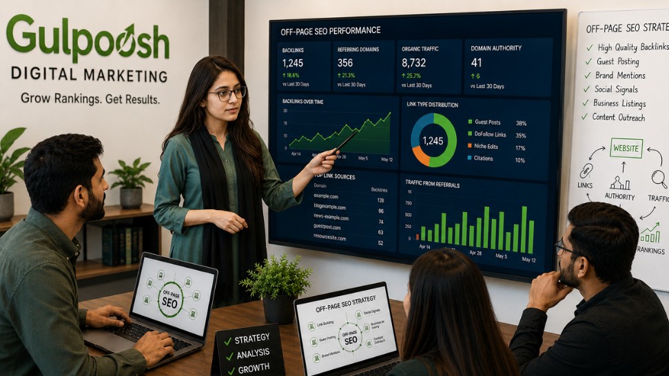 **Alt Text:**

*Professional digital marketing team meeting at Gulpoosh Digital Marketing office. A female SEO strategist wearing glasses stands in front of a large analytics dashboard, presenting an off-page SEO strategy to her team. The screen displays SEO performance metrics, backlink growth, organic traffic trends, referring domains, and domain authority charts. Team members sit around a conference table with laptops showing SEO diagrams and planning documents. The modern office environment highlights collaboration, SEO strategy development, link building, guest posting, brand mentions, social signals, and business listing optimization for improved search rankings.*

**Short SEO-Friendly Alt Text:**

*Gulpoosh Digital Marketing team discussing off-page SEO strategy with analytics dashboard and performance reports in a modern office.*
