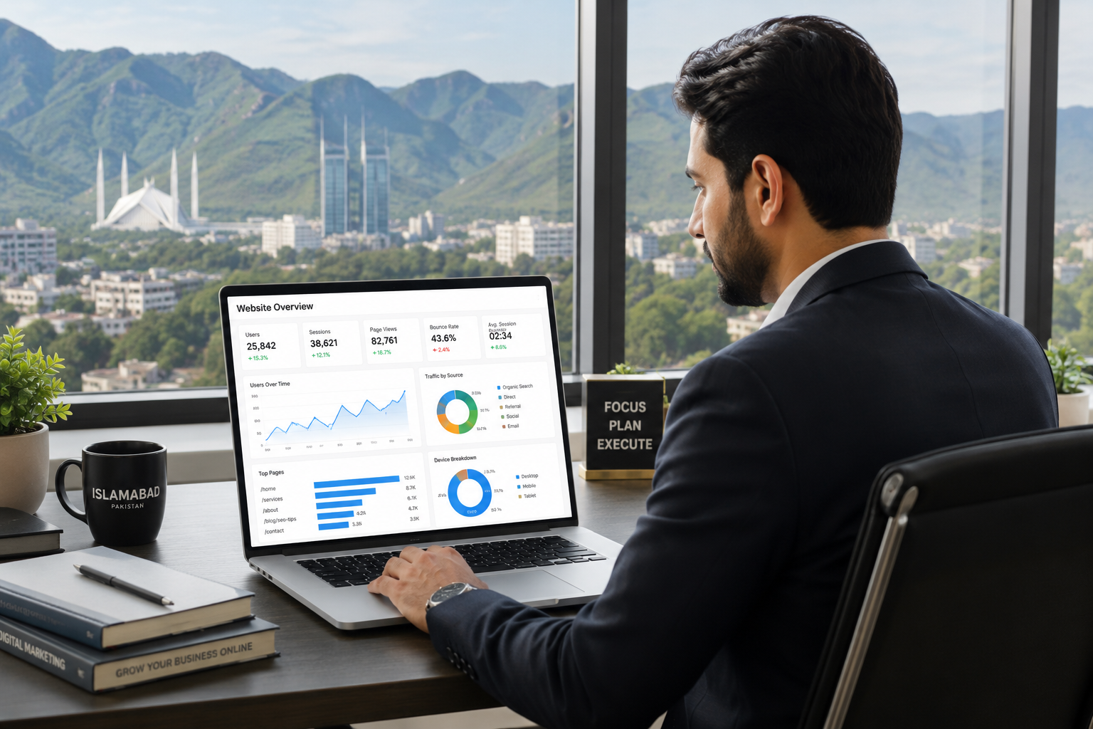 SEO services in Islamabad business owner reviewing website rankings