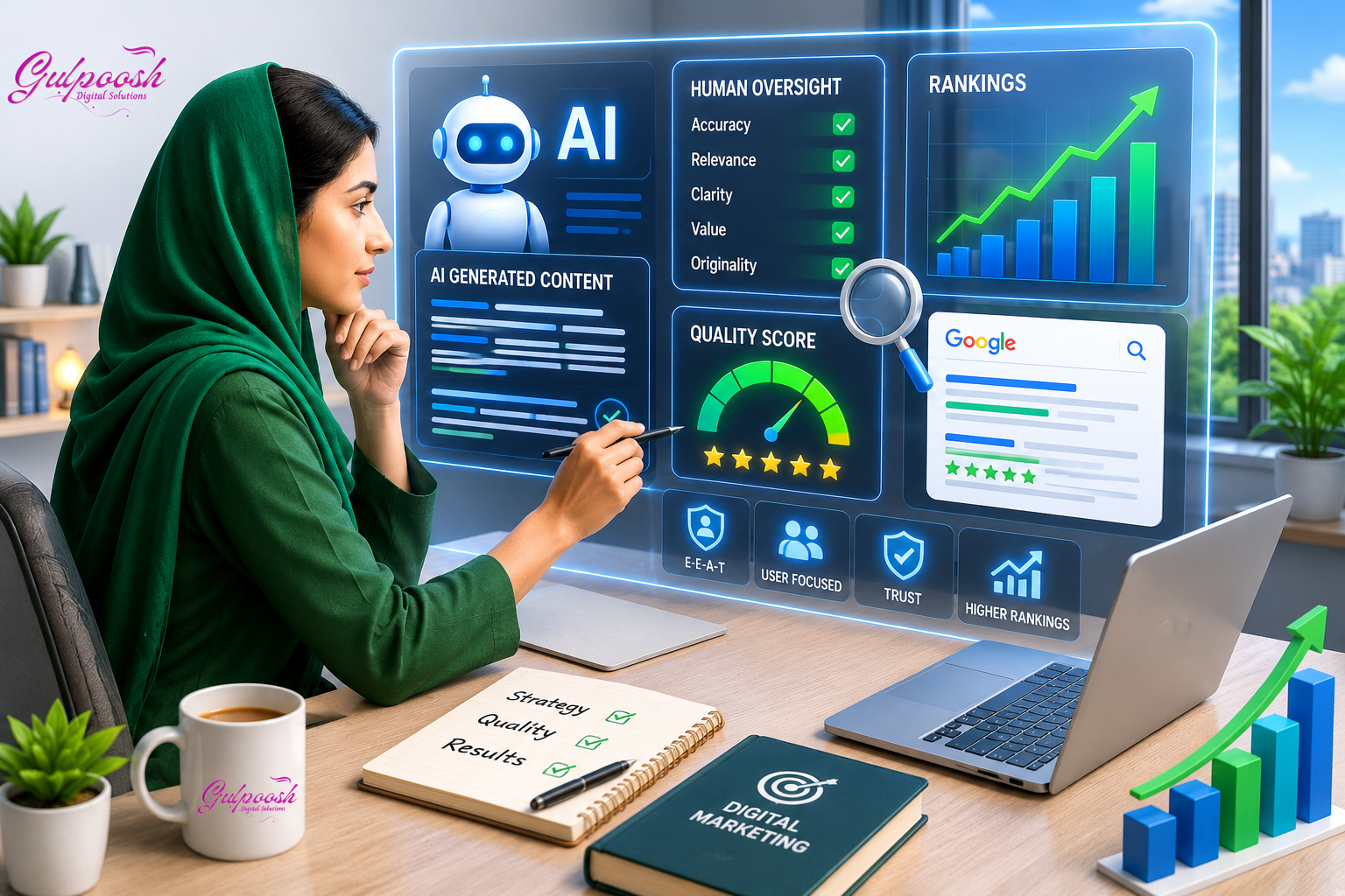 AI content human oversight process showing a human editor reviewing AI-generated content to improve accuracy, quality, E-E-A-T, and SEO rankings before publication.
