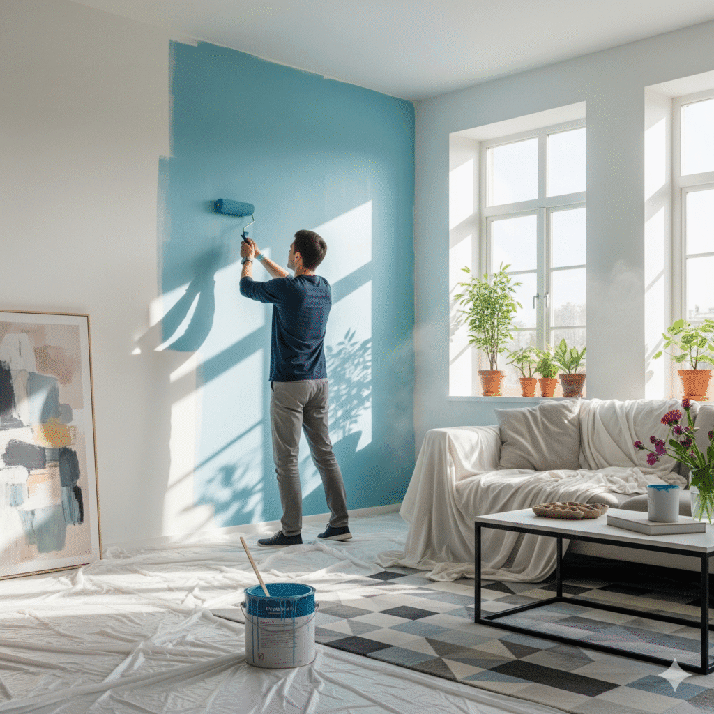 A man is painting his home