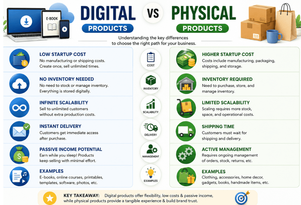 Comparison infographic digital products vs physical products benefits