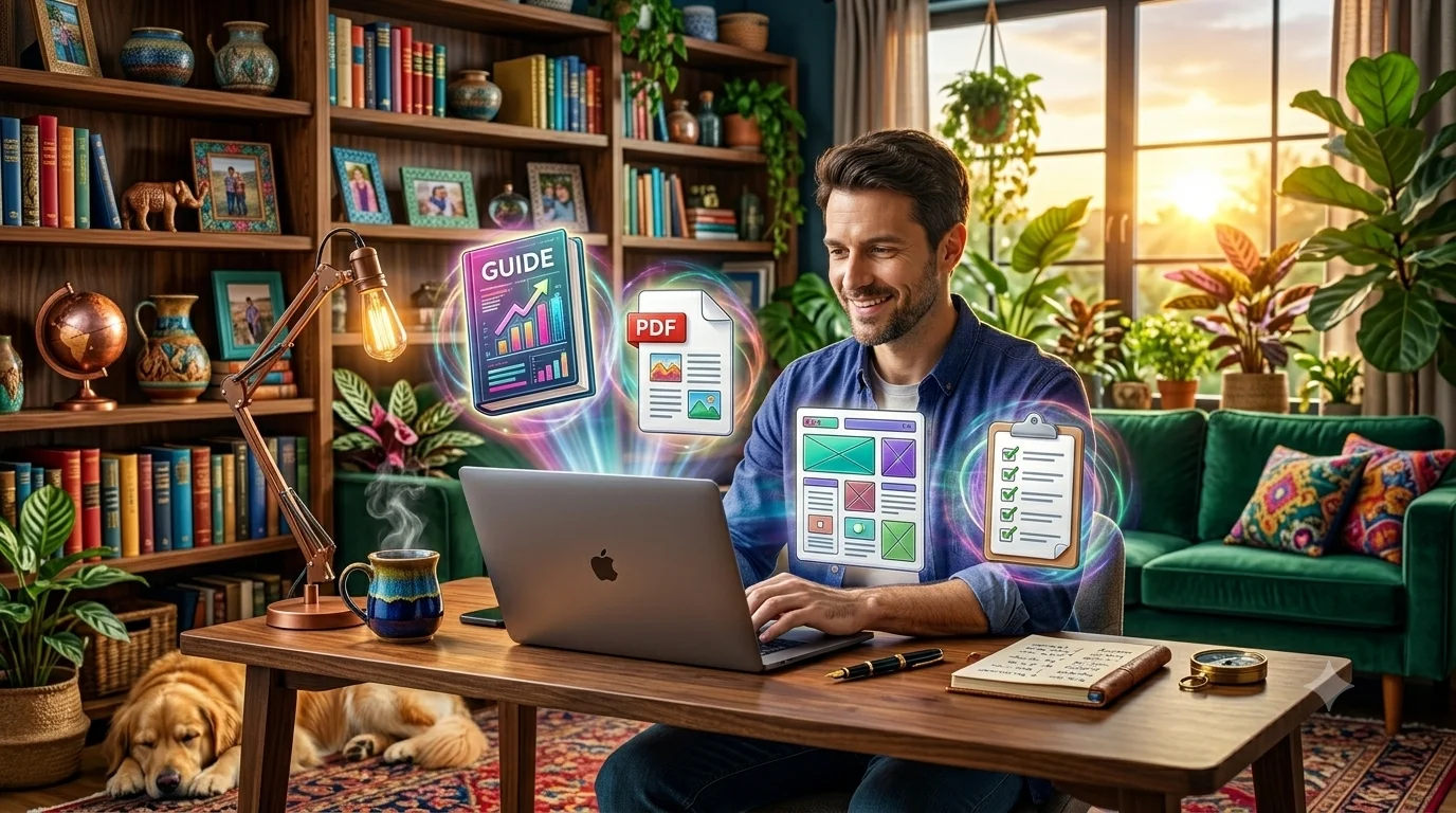 Remote worker selling digital products from home office with laptop and floating E-book and template icons