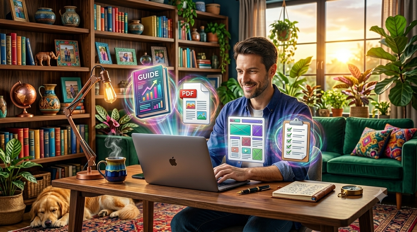 Remote worker selling digital products from home office with laptop and floating E-book and template icons