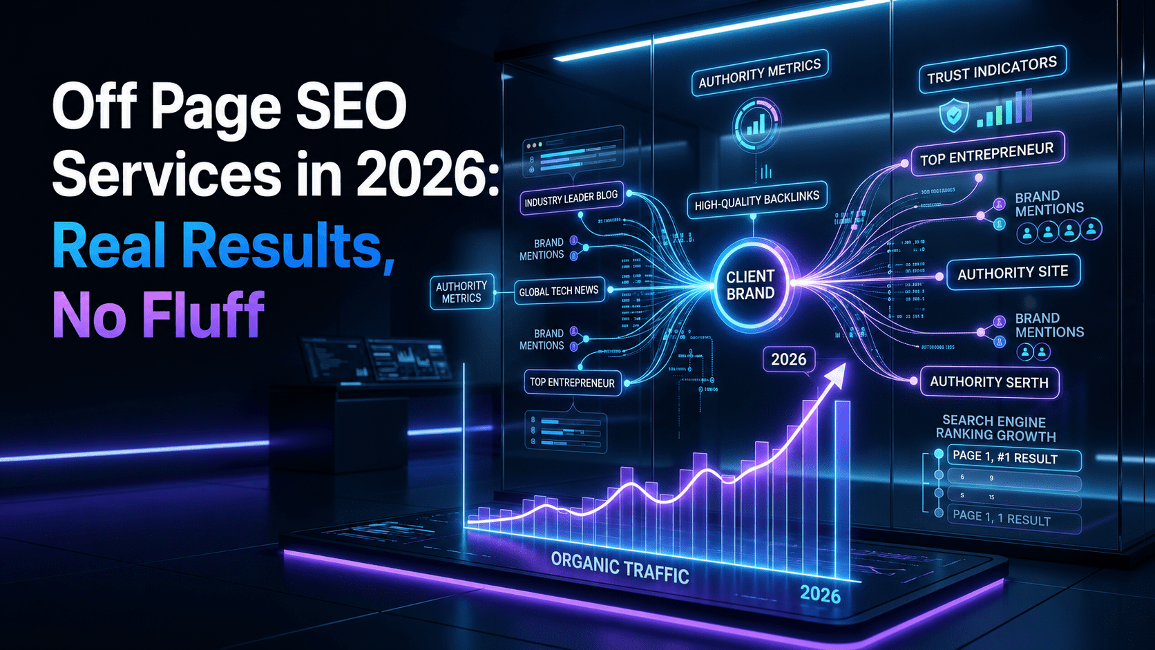 Off Page SEO Services in 2026 showing authority building, high-quality backlinks, brand mentions, trust signals, and organic search traffic growth.