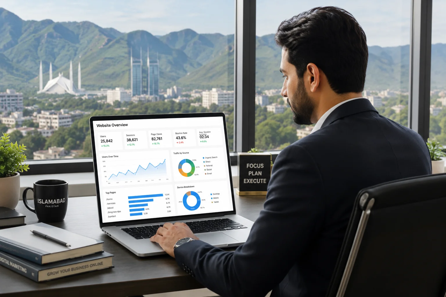 SEO services in Islamabad business owner reviewing website rankings